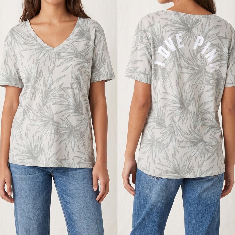 Victoria's Secret PINK Medium Short Sleeve V Neck Pocket TShirt Light Gray